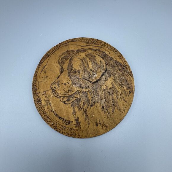 Vtg Pyrography Wood Burning Art Plaque Flemish Art Co Rd Newfoundland Dog Head - Picture 8 of 10